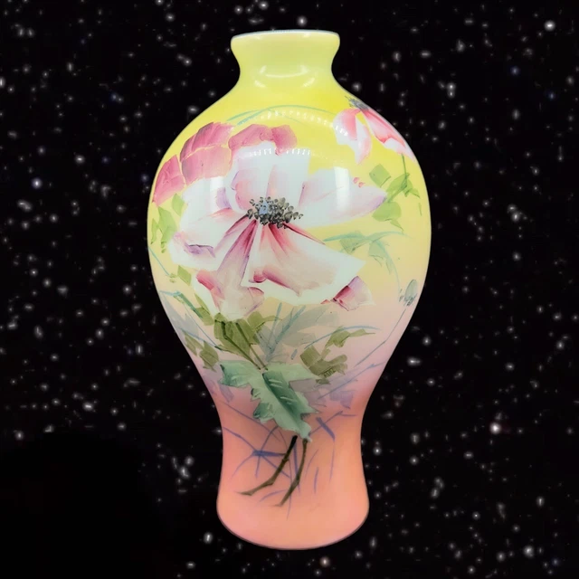 Vintage Hand Painted Milk Glass Vase Floral 1950s Glass Vessel Tall 10”T 2”W 3
