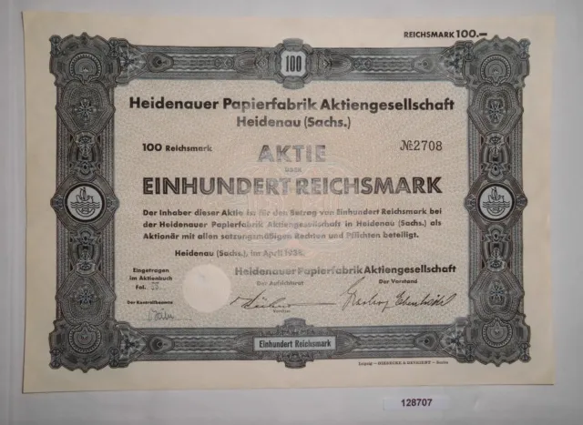 100 Reichsmark Aktie Heidenauer Papierfabrik AG April 1938 (128707)