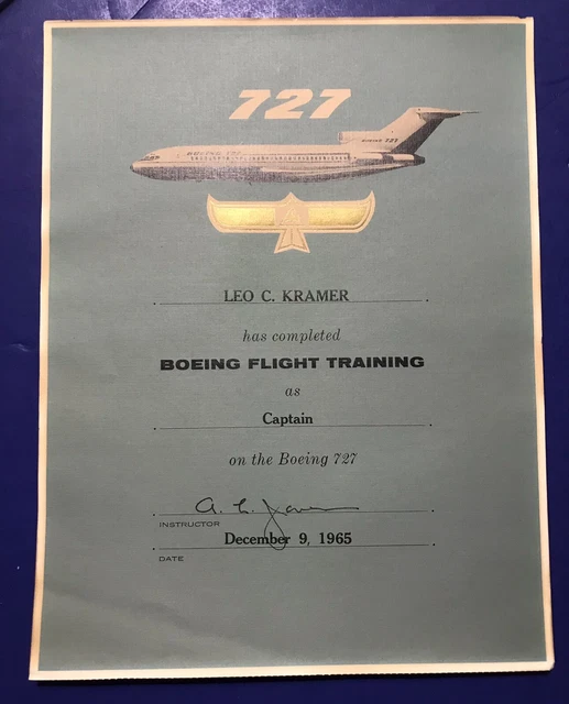 RARE BOEING 727 FLIGHT TRAINING Captain Pilot Certificate Completion ...