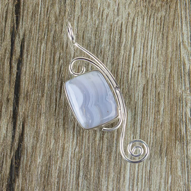 Natural Blue Lace Agate Gemstone Pendant 925 Sterling Silver Indian Jewelry