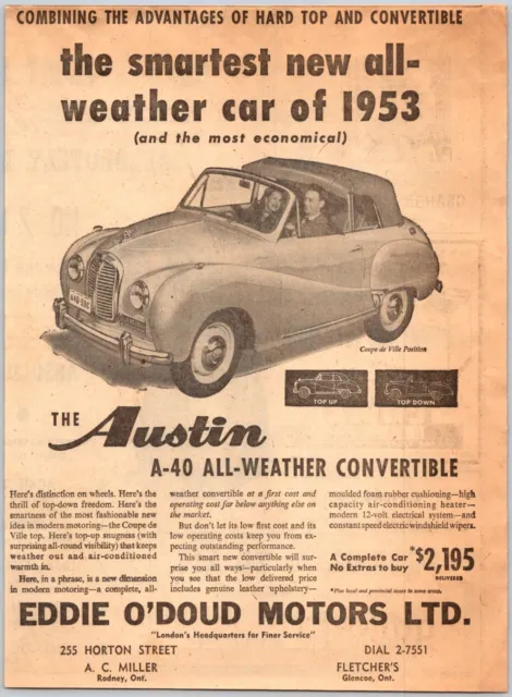 Austin A40 All Weather Convertible 1953 PRINT AD Eddie O'Doud Motors London ON