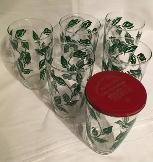 Vintage 6 Libbey~ Drinking Glasses Tumblers~ Green Leaves Vine~BONUS~ Boscul Lid