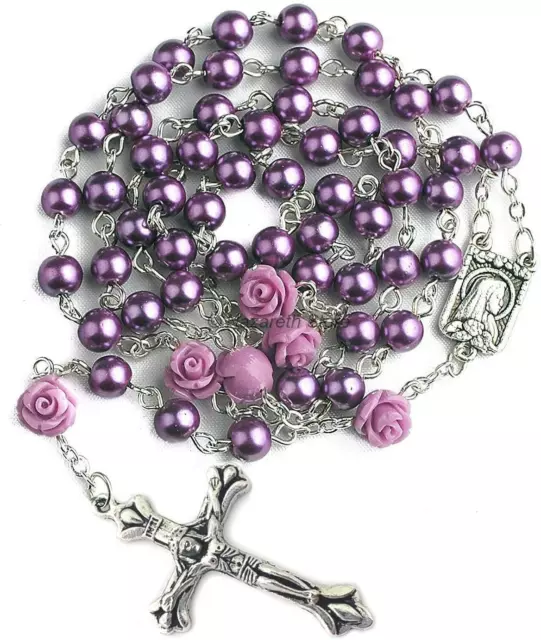 Catholic Purple Pearl Beads Rosary Necklace Our Rose Lourdes Medal & Cross NS