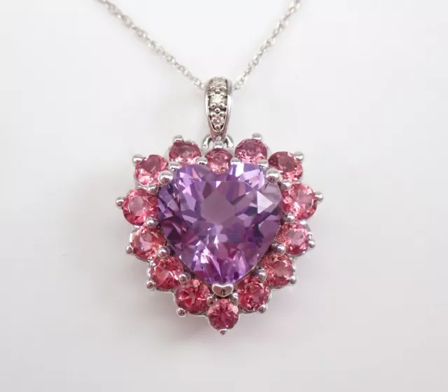 14K WHITE GOLD Amethyst Pink Tourmaline Diamond Heart Pendant Necklace ...