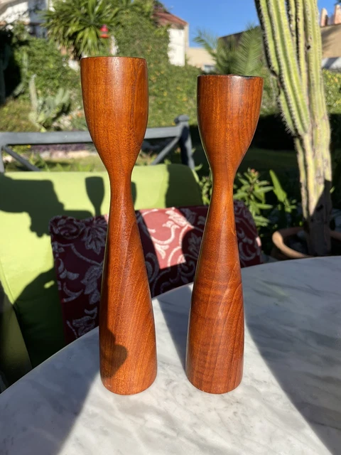 Pair of 1960's Wood Fluted Walnut Candlestick Holders  MCM