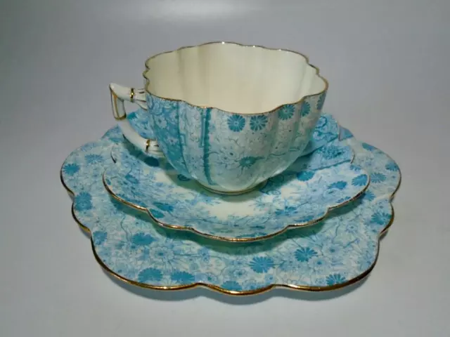 Wileman Foley China Daisy Tea Cup, Saucer & Plate Trio, Blue Jungle; c. 1890 #3