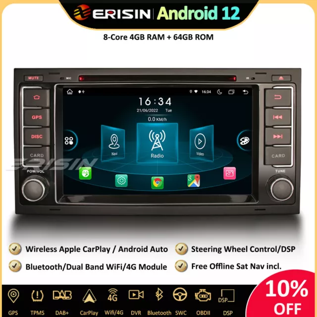 64GO Android 12 Autoradio GPS Navi DAB+ CarPlay TNT  for VW Multivan MK5 Touareg