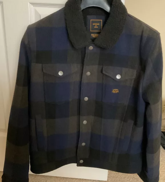 Superdry Highwayman Wool Sherpa Trucker Men's Jacket in Blue/Black Check-Size XL