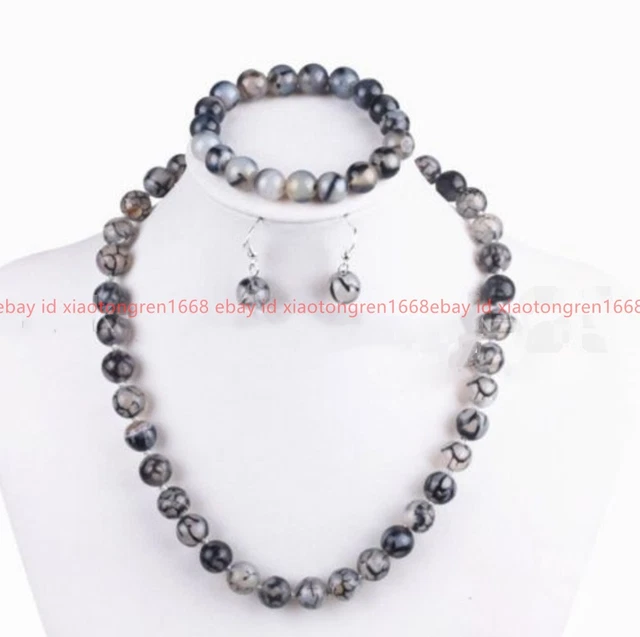 8mm Natural Black White Dragon Veins Agate Necklace Bracelet Earrings Set AA