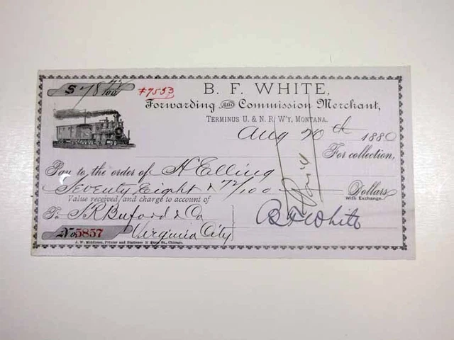 B. F. White Forwarding & Commission Merchant, 1880. I/C Check for $78.72, VF
