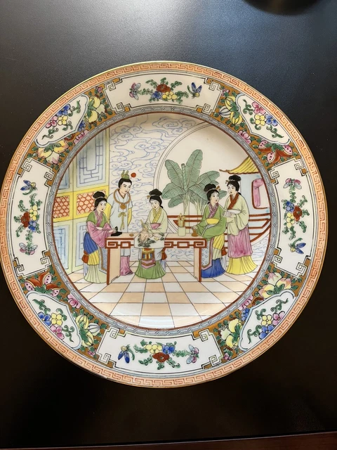 Vintage Porcelain Chinese Art Hand Painted Floral Gold Trim Plate 10”