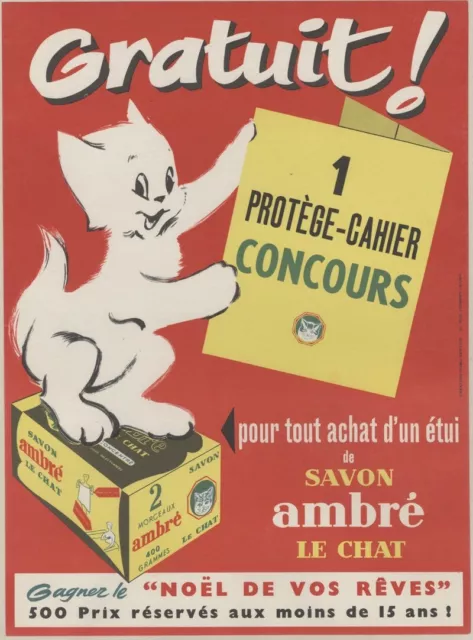 "SAVON LE CHAT AMBRÉ" Affiche originale entoilée  Litho années 50   31x41cm