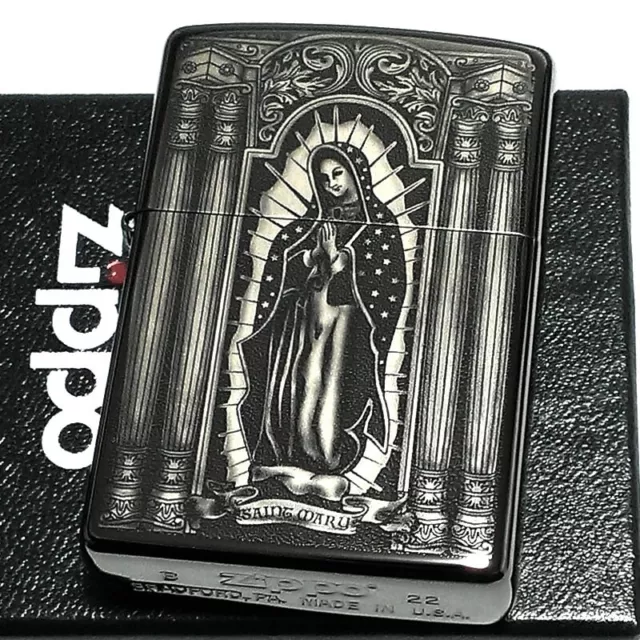 Zippo Oil Lighter Maria Black Silver Laser Engraving Regular Case Japan