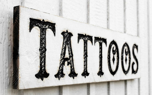 Tattoos Sign - Carved in a Solid Wood Board Rustic Distressed