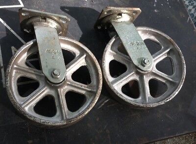(2) Albion Swivel Plate Casters 8 x 2" Cast Iron Wheel Pair Set Industrial Cart