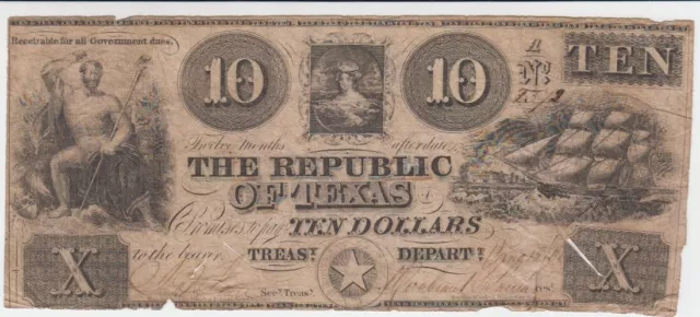 1839-1841 USA / Republic of Texas, 10 Dollars, gebraucht, entwertet  65841
