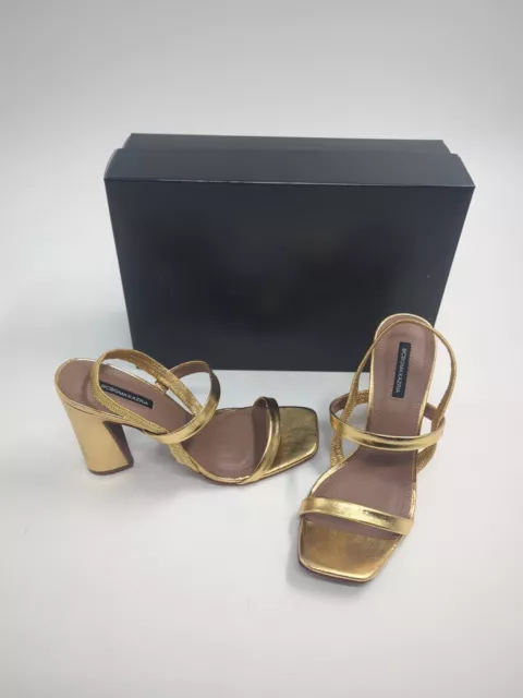 BCBG MAX AZRIA Gold  Metallic Leather Estelle Open Toe Heels Size 7.5M/38.5