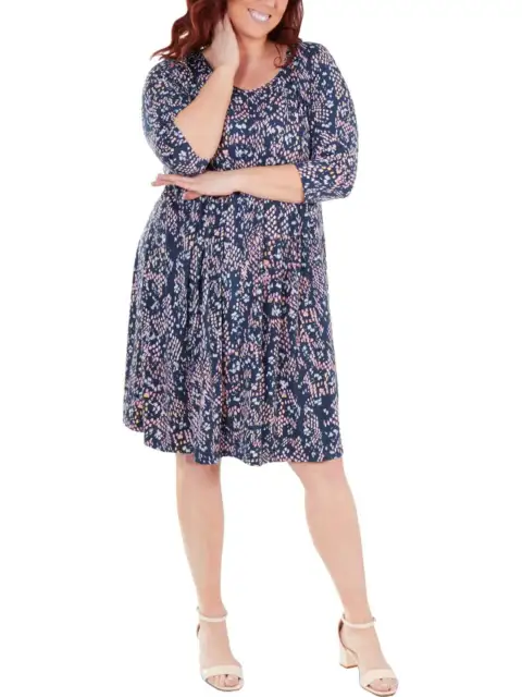 NY Collection Women's Plus Printed 3/4 Sleeves Casual Dress Blue Size 1X