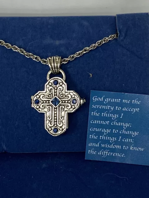 Cross Locket Pendent Necklace Blue Sapphire Crystals Serenity Prayer