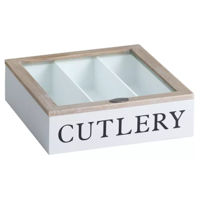 Shabby Chic style Wooden Cutlery Box Knife Fork Glass Lid Storage Tray Holder