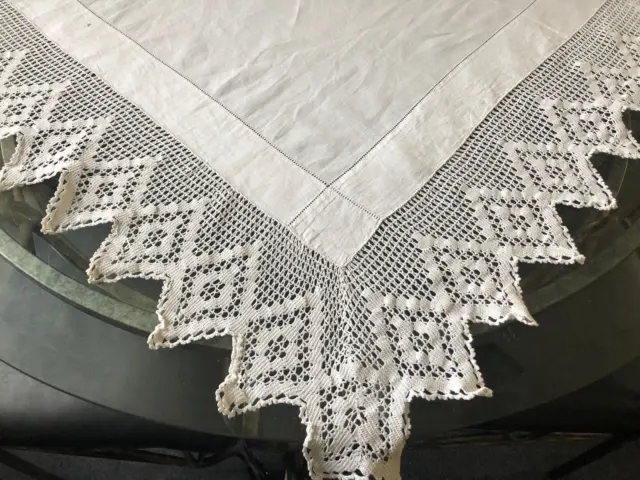 VINTAGE Square White Cotton Tablecloth Handmade Crochet Edge 48 X 48" inch