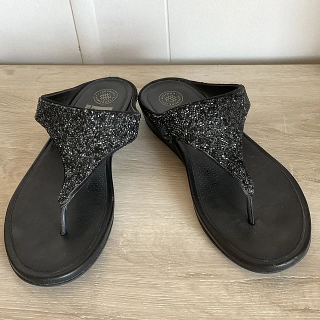 FitFlop Black Sparkle Sequins Toe-Post Flip Flops Sandals Leather 9M