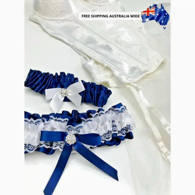 Navy Blue Bridal Garter Set Floral White Lace Satin Keep & Throw Something Blue