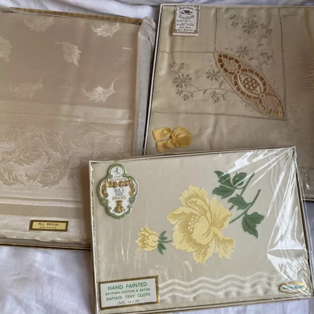 3 Vintage Damask & Irish Linen Tablecloth Sets original boxes 1950's Unused