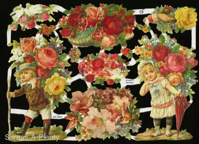 German Embossed Vintage Style Scrap Die Cut -  Flowers Doves & Children EF7185