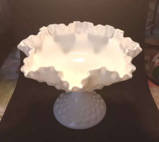 Fenton White Milk Glass Hobnail Pedestal Ruffled Compote Candy Dish