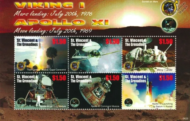 NASA APOLLO XI Moon Landing & VIKING 1 Mars Landing Space Stamp Sheet/St Vincent