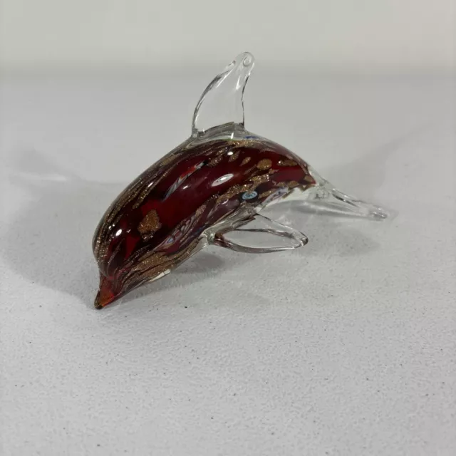 Hand Blown Murano Glass Dolphin Figurine 5.5” Red Gold Clear