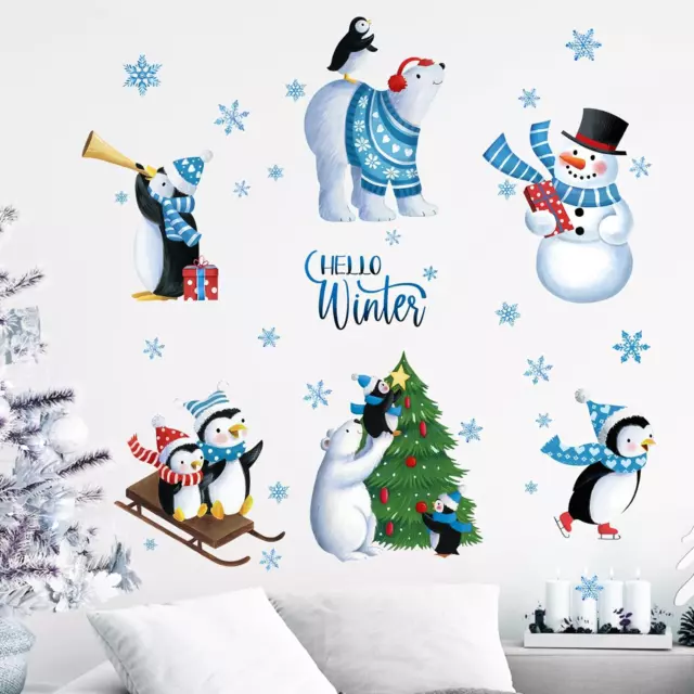 Hello Winter Wall Decals Stickers, Christmas Tree Winter Bear Penguin Snowman Sn