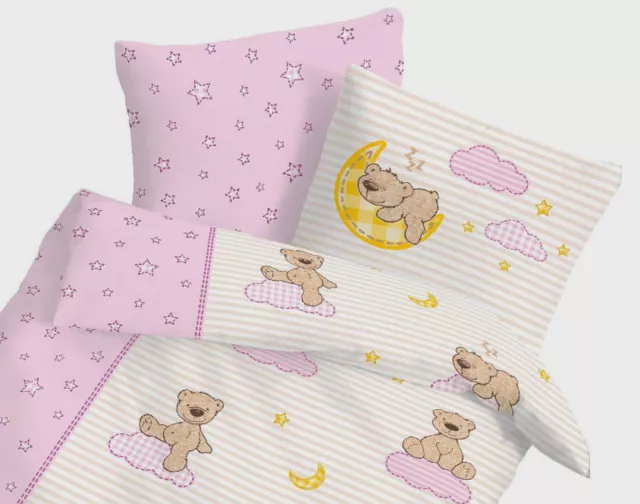 Baby Bettwäsche 100x135 cm Teddy Bärchen Mond Sterne rosa Biber