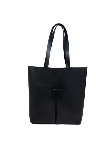 Neiman Marcus Leather Tote Handbag Shoulder Bag Womens Black Outer Pockets