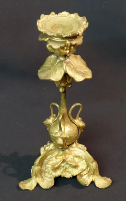 E 1900 art nouveau élégant bougeoir flambeau bronze doré 21cm750g capucine fleur