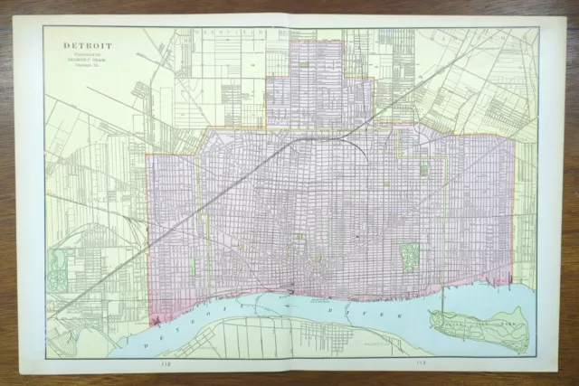 Vintage 1901 DETROIT MICHIGAN Map 22"x14" ~ Old Antique Original HAMTRAMCK MI