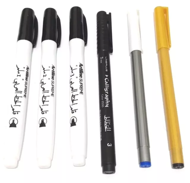 6 X CHISLLED NIB CALLIGRAPHY PENS-  1,2,3mm  ITALIC, ARABIC, PERSIAN -BLACK+BLUE