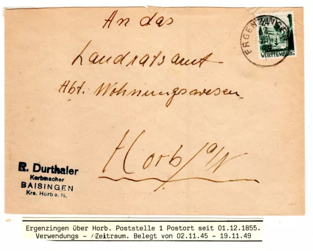 24 Pf. Württemberg auf Brief mit Notstempel " ERGENZINGEN über HORB "