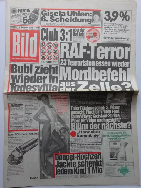 Bild Zeitung vom 4.2.1985, Gisela Uhlen, Bubi Scholz, Günter Strack, Blanco Rob