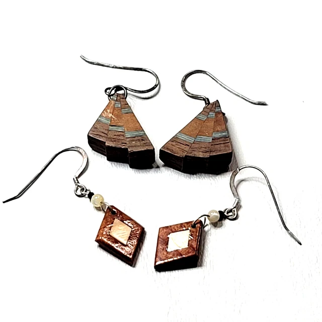 2 Pair 925 Sterling Silver Earrings Wood Geometric Natural Handmade Boho 2345