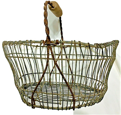 Primitive Egg (CLAM) Gathering Basket Heavy Metal Wire With Wood Bail Handle