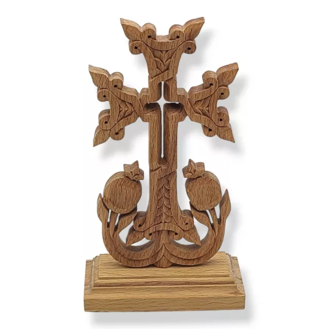 Handmade Wooden Carved Christian Cross on Stand Walnut Wood 4x7" Ornate Easter