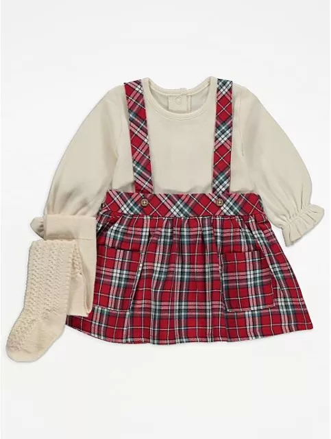 Baby Girls George Dress Set Outfit Traditional Red Tartan Braces Tights 3 Piece