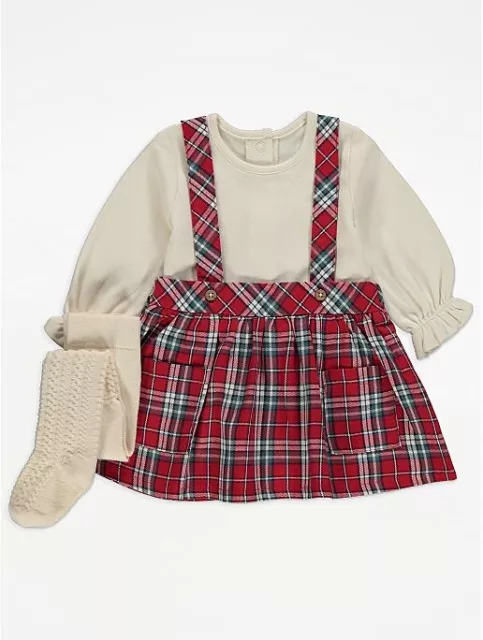 Collant collant 3 pezzi set di abiti per bambine George outfit tradizionali tartan rosso 3 pezzi