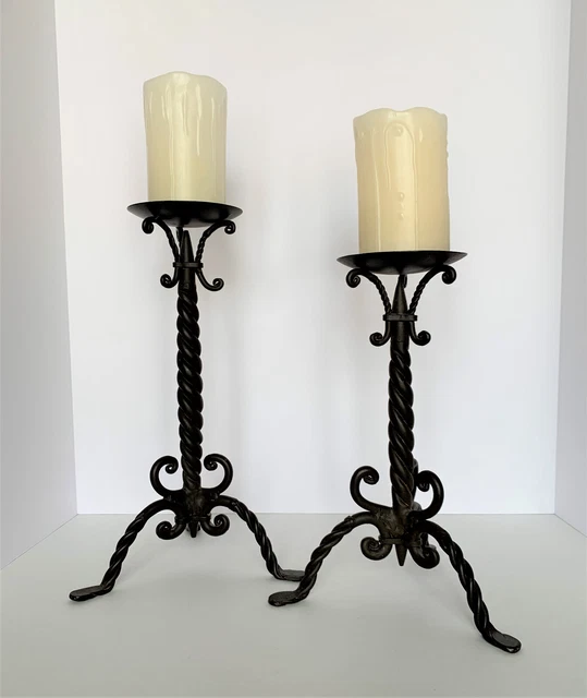 Vintage Pair of Wrought Iron Candle Stands Wonderful Detail 14" & 12" Tall