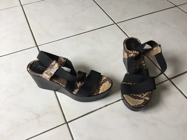 Sandales Compensées Gemo Pointure 36 - Cuir Noir & Argent - Talon 6 Cm - Neuf Sans Boîte
