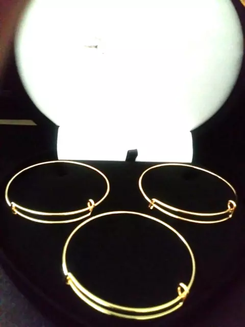 14K & Sts*  Yellow Gold Charm Bangle Bracelet Set Of 3 Sz 7 Inch  + Bonus Adj.