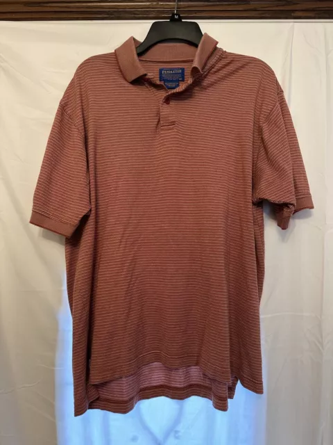 Pendleton Polo Shirt Mens Medium Red Rust White Striped Cotton Collared Button