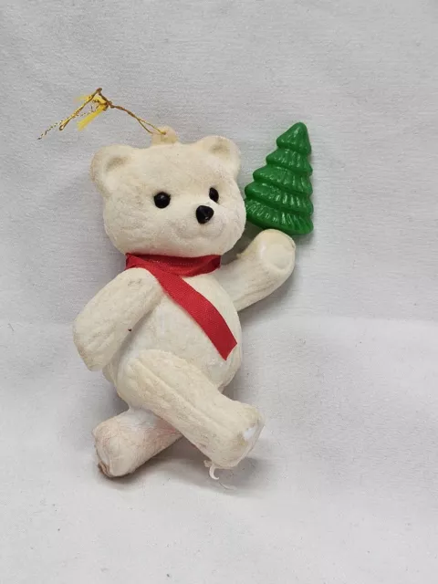 **vintage white velvet  Teddy Bear  With Christmas Tree  Ornament 4"